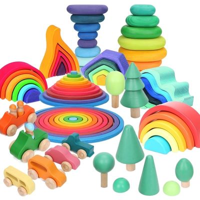 Montessori Wave Forest Stacker Tower รถยกของเล่นสายรุ้ง