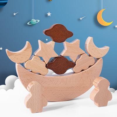 Montessori เด็กของเล่นเพื่อการศึกษาไม้บล็อกดาวดวงจันทร์ซ้อนบล็อกไม้ของเล่น Diy Baby Balance การฝึกอบรม Cons