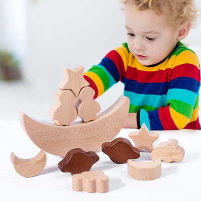 Montessori เด็กของเล่นเพื่อการศึกษาไม้บล็อกดาวดวงจันทร์ซ้อนบล็อกไม้ของเล่น Diy Baby Balance การฝึกอบรม Cons