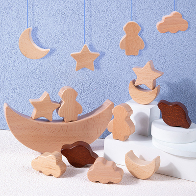 Montessori เด็กของเล่นเพื่อการศึกษาไม้บล็อกดาวดวงจันทร์ซ้อนบล็อกไม้ของเล่น Diy Baby Balance การฝึกอบรม Cons