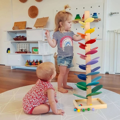 Montessori ของเล่นเพื่อการศึกษาบล็อกไม้เพลงต้นไม้ที่มีลูกหินอ่อน Run Track เกมเด็กทารกเด็กปัญญา Wood