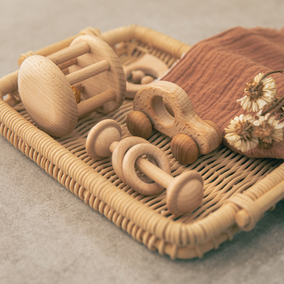 4 ชิ้น/เซ็ตของเล่นเด็กไม้ธรรมชาติ Rattle Teether Musical ของขวัญทารกแรกเกิด