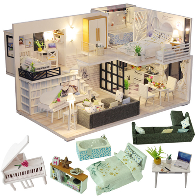 DIY บ้านตุ๊กตาไม้เฟอร์นิเจอร์ขนาดเล็ก ชุด สำหรับเด็กวันเกิด