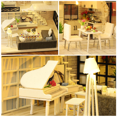 DIY บ้านตุ๊กตาไม้เฟอร์นิเจอร์ขนาดเล็ก ชุด สำหรับเด็กวันเกิด