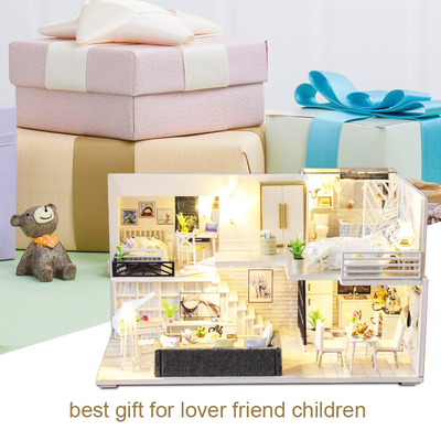 DIY บ้านตุ๊กตาไม้เฟอร์นิเจอร์ขนาดเล็ก ชุด สำหรับเด็กวันเกิด