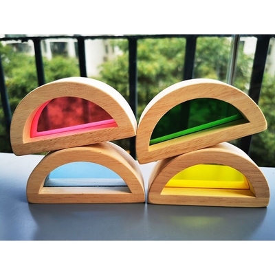 เด็ก Montessori ของเล่นไม้ Sensory Rainbow Mirror Blocks ไม้ยางพาราซ้อน Acrylic Buliding Stacker การศึกษา
