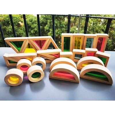 เด็ก Montessori ของเล่นไม้ Sensory Rainbow Mirror Blocks ไม้ยางพาราซ้อน Acrylic Buliding Stacker การศึกษา