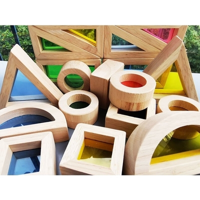 เด็ก Montessori ของเล่นไม้ Sensory Rainbow Mirror Blocks ไม้ยางพาราซ้อน Acrylic Buliding Stacker การศึกษา