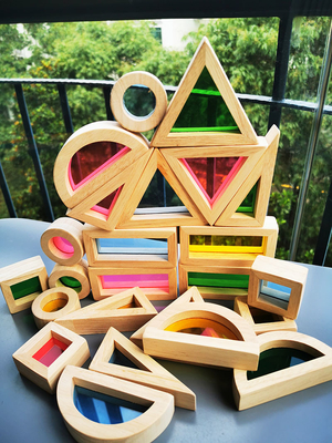 เด็ก Montessori ของเล่นไม้ Sensory Rainbow Mirror Blocks ไม้ยางพาราซ้อน Acrylic Buliding Stacker การศึกษา