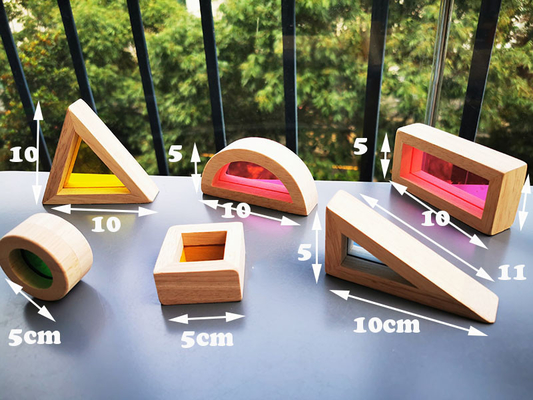 เด็ก Montessori ของเล่นไม้ Sensory Rainbow Mirror Blocks ไม้ยางพาราซ้อน Acrylic Buliding Stacker การศึกษา