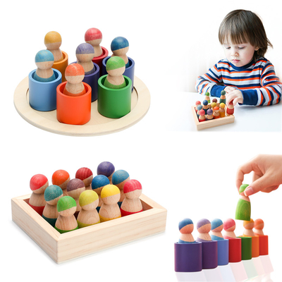Montessori Educational Wooden Rainbow Block นับเกม Puzzle Kids