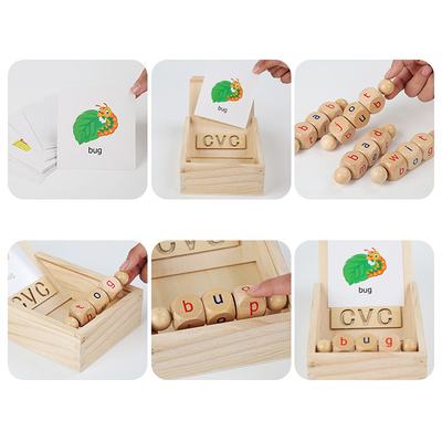 บล็อกอ่านไม้ Montessori หมุนตัวอักษรหมุนการเรียนรู้ตัวอักษร