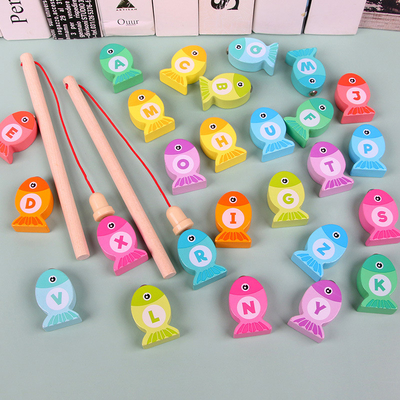เกมตกปลาของเล่นไม้ตัวอักษรและตัวเลขสำหรับเด็ก Montessori Early Educational