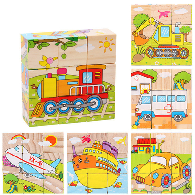บล็อกไม้เด็กของเล่นผลไม้สัตว์การเรียนรู้ต้น Six Side 3D Cube Jigsaw