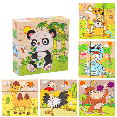 บล็อกไม้เด็กของเล่นผลไม้สัตว์การเรียนรู้ต้น Six Side 3D Cube Jigsaw