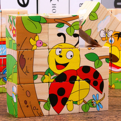 บล็อกไม้เด็กของเล่นผลไม้สัตว์การเรียนรู้ต้น Six Side 3D Cube Jigsaw