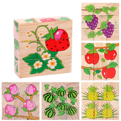 บล็อกไม้เด็กของเล่นผลไม้สัตว์การเรียนรู้ต้น Six Side 3D Cube Jigsaw