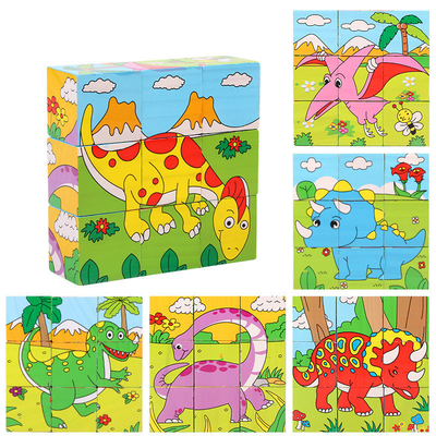 บล็อกไม้เด็กของเล่นผลไม้สัตว์การเรียนรู้ต้น Six Side 3D Cube Jigsaw