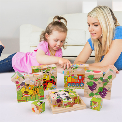 บล็อกไม้เด็กของเล่นผลไม้สัตว์การเรียนรู้ต้น Six Side 3D Cube Jigsaw