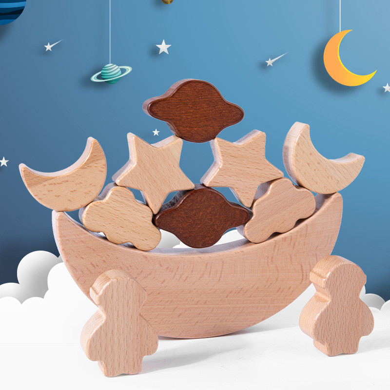 Montessori เด็กของเล่นเพื่อการศึกษาไม้บล็อกดาวดวงจันทร์ซ้อนบล็อกไม้ของเล่น Diy Baby Balance การฝึกอบรม Cons