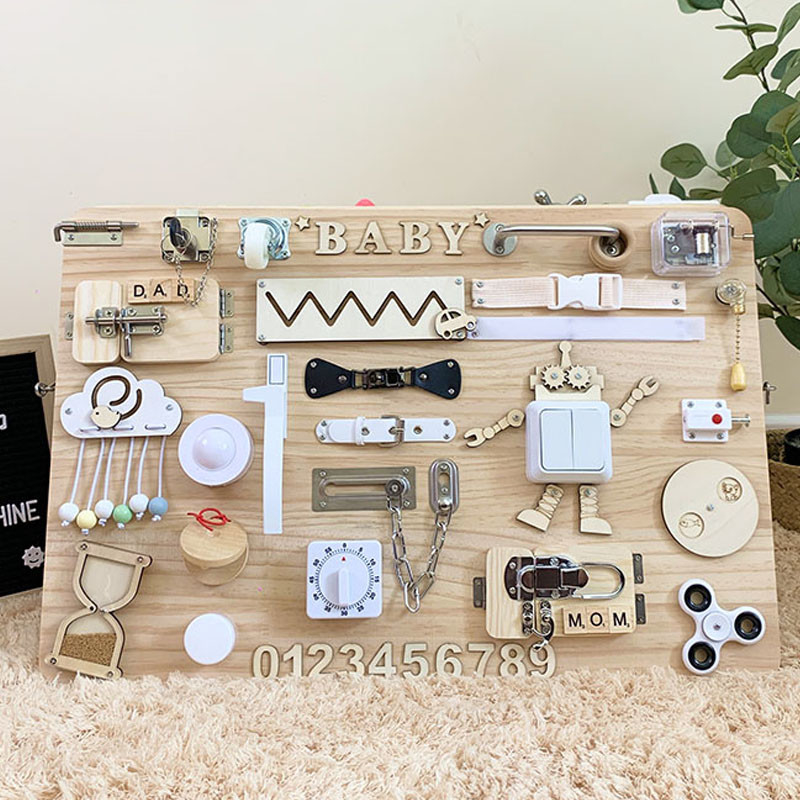 Baby Busy Board DIY อุปกรณ์เสริม Montessori ของเล่นเด็ก Wood Chip เกมฝึกทักษะ Puzzle การพัฒนาสติปัญญา Baby